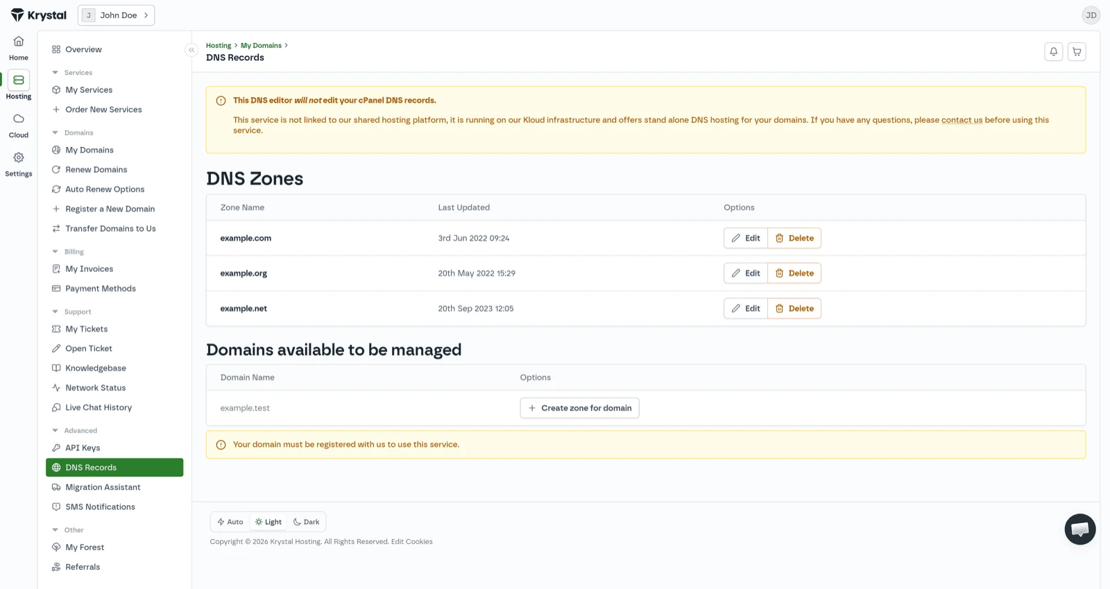 The Krystal client area dashboard