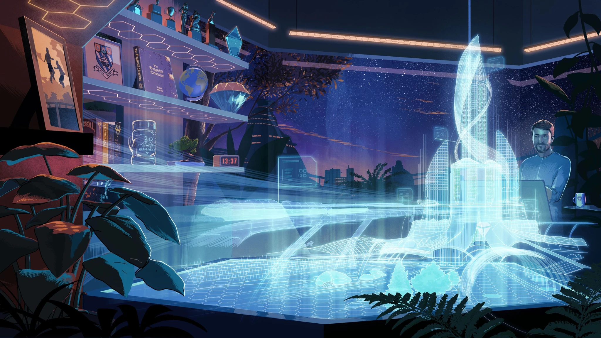 A futuristic workspace with a man working on a laptop, surrounded by holographic architectural models and digital projections of a city.