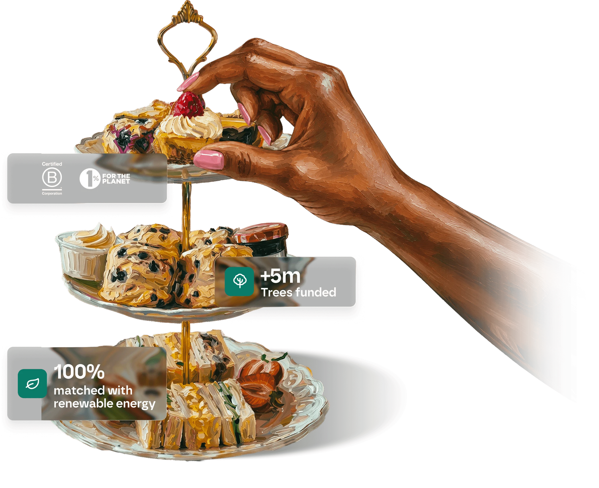 Three-tier afternoon tea stand with badges reading Certified B Corporation, 1% for the Planet, +5m trees funded, and 100% renewable energy