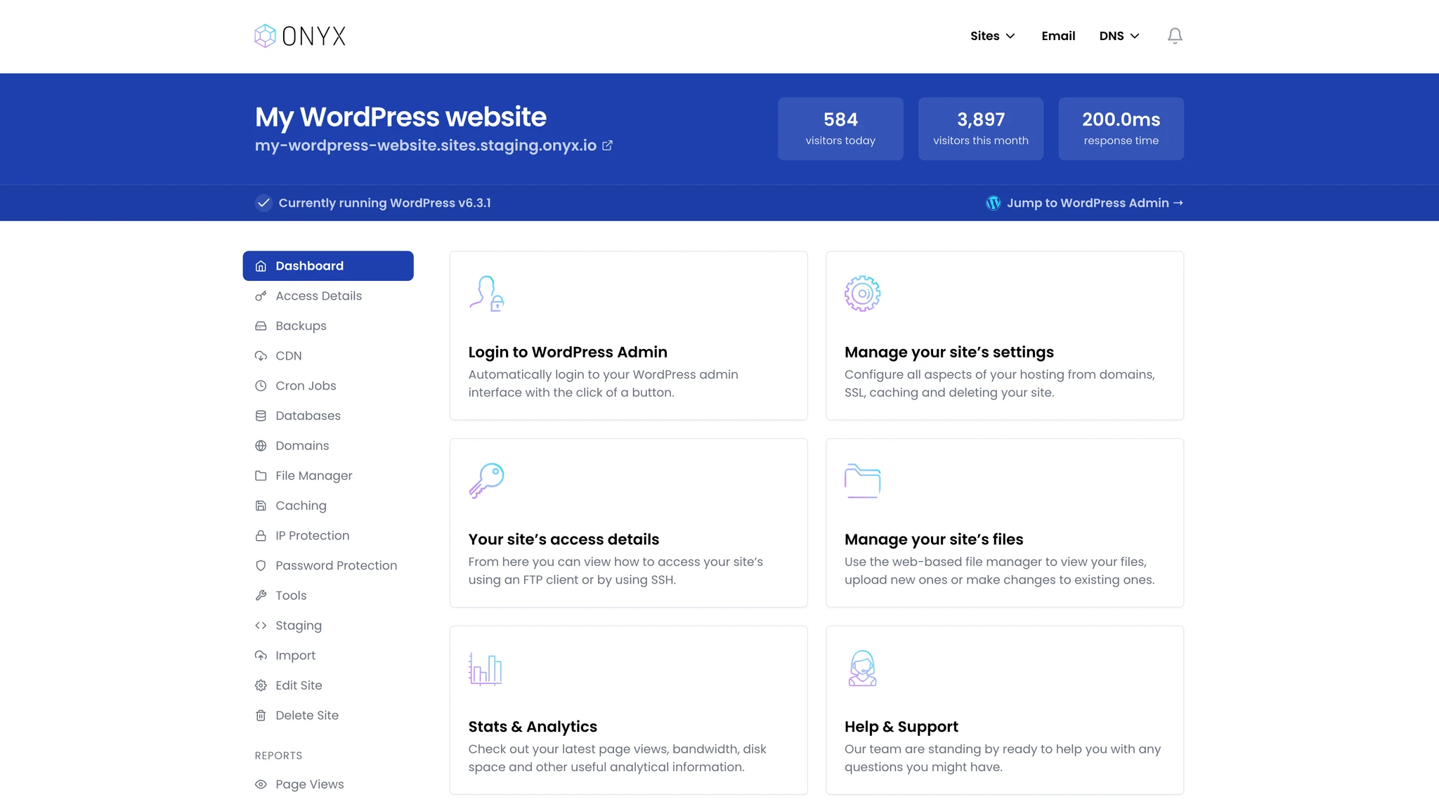 A screenshot of the Onyx dashboard
