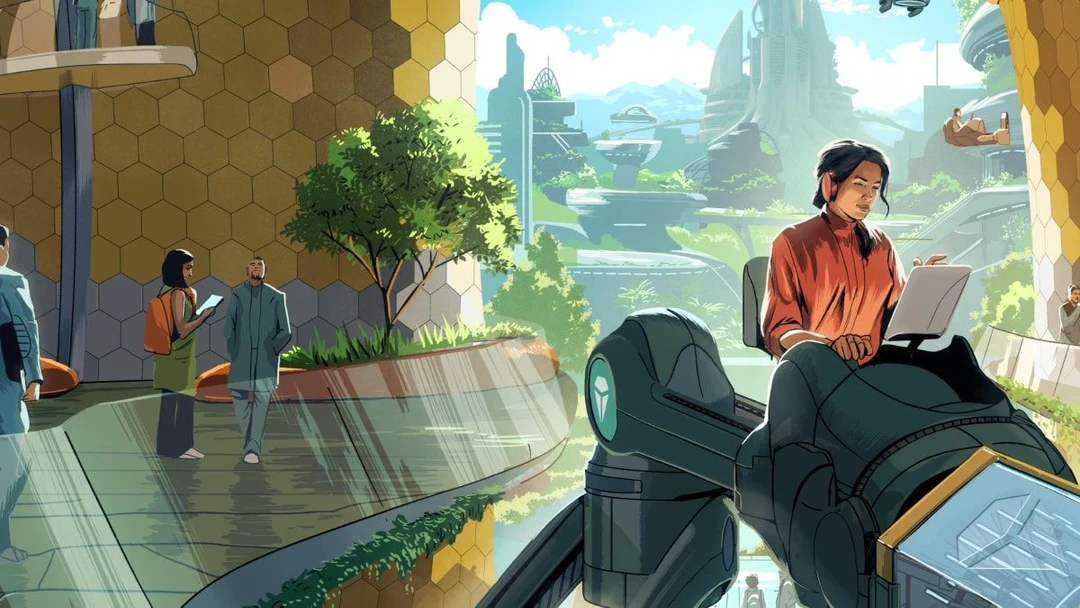 Artistic illustration of a futuristic society with advanced technology, people, and eco-friendly architecture.